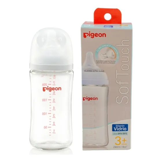 Pigeon Mamadera De Vidrio Softouch 240ml Boca Ancha Bebe Color Transparente
