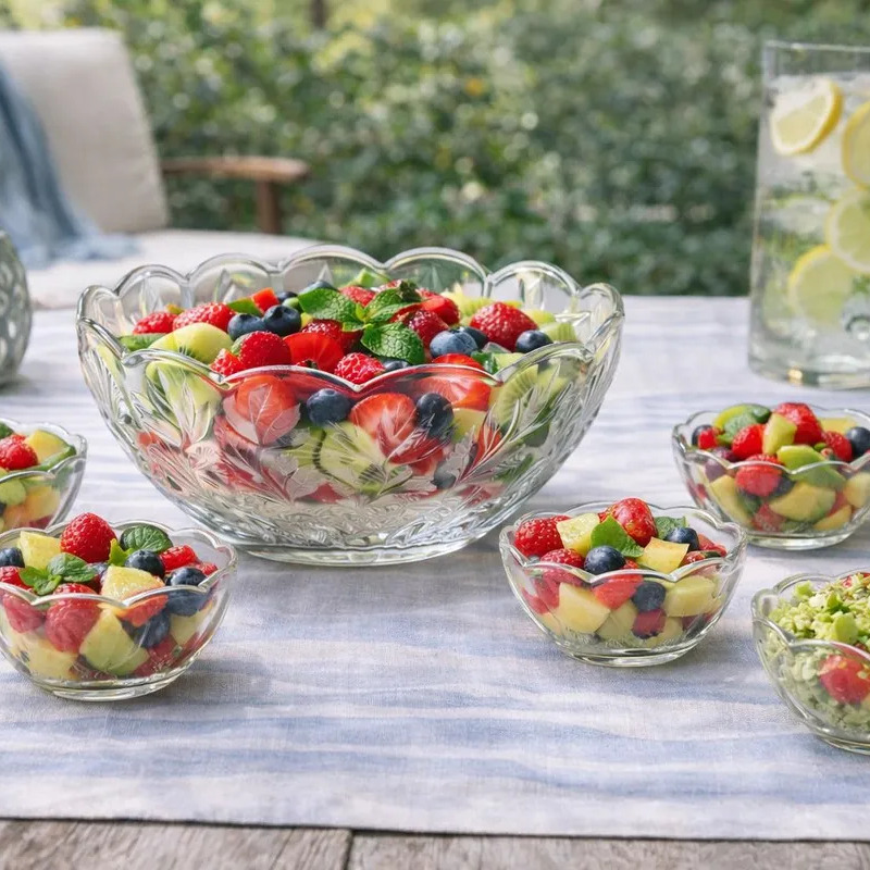 Conjunto de 7 bowls de vidro transparente com bordas onduladas, contendo um bowl grande central e seis menores ao redor, dispostos sobre uma mesa com salada de frutas.