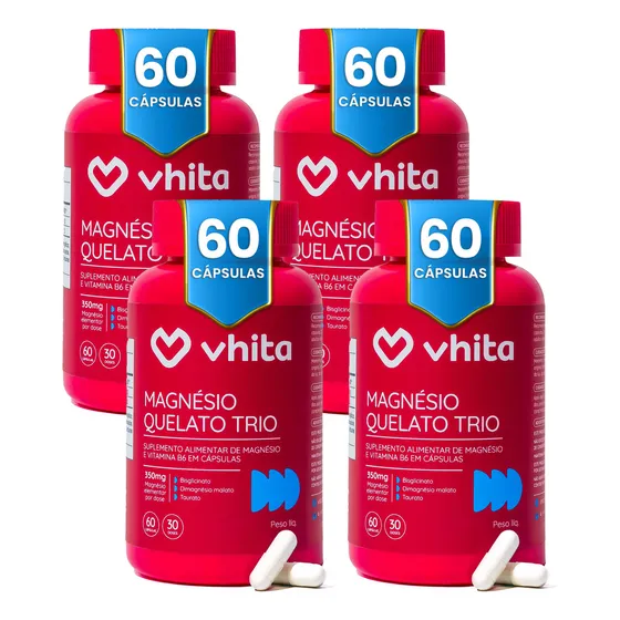 Magnésio Dimalato Quelato, Magnésio Taurato e Magnésio Bisglicinato com Vitamina B6 350mg Vhita 60 cápsulas