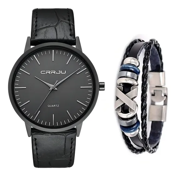 Relógio Masculino Ultra Fino Social Luxo + Pulseira De Couro Cor da correia Preto Cor do bisel Preto Cor do fundo Preto