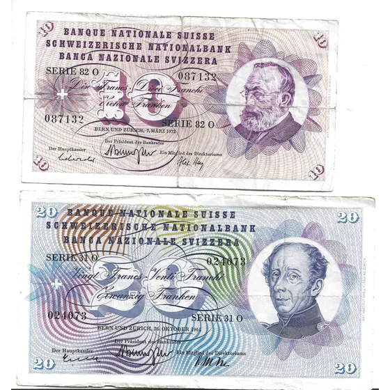 Liquido Excelente Lote 2 Billetes De Suiza. 10 Y 20 Francos