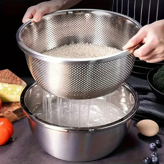Set Colador Y Bowl Acero Inoxidable Para Lavar Arroz Plateado