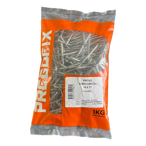 Prego C Cabeça Chata 18x27 De Aço Polido 1kg Madeira Rodapé