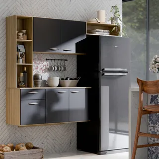 Kit Armårio De Cozinha Isis Suspensa Aéreo Compacto 5 Portas E 1 Gaveta Multiuso Cor Damasco Preto Kit Armårio De Cozinha Isis Suspensa Aéreo Compacto 5 Portas E 1 Gaveta Multiuso Cor Damasco Preto