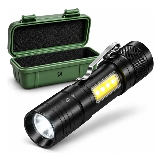 Lanterna Tática LED Recarregável USB Potente Militar Com Zoom Ajustável Luz COB Lateral Clipe Portátil Para Camping Emergência Trabalho IGS Imports