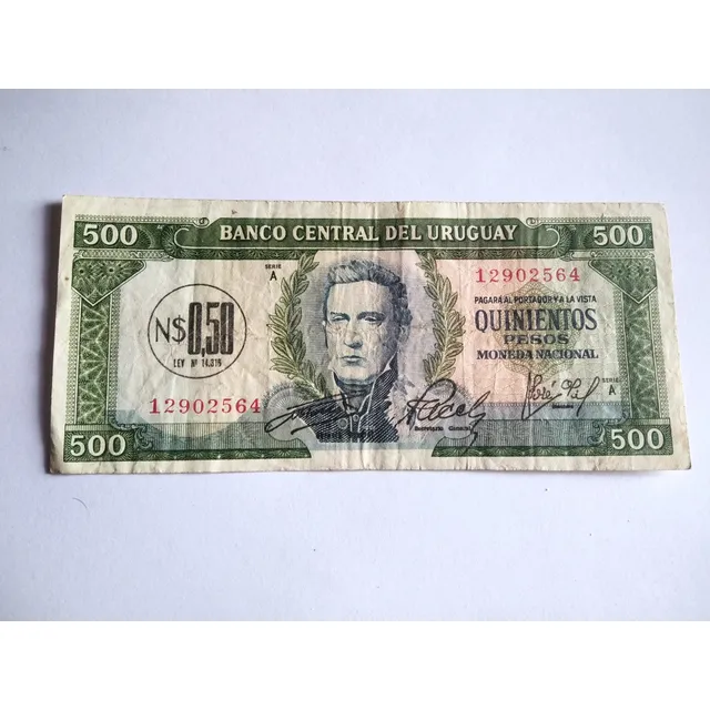 Billete Uruguay 500 Pesos Devaluados A 50 Centésimos 1967