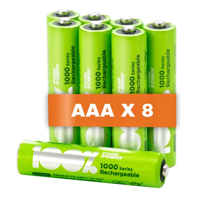 Pilas Recargables AAA 100%peakpower, Paquete De 8 Pilas Alta Capacidad, Larga Duración, Alto Rendimiento Baterías Recargables AAA Ideales Para Juguetes, Controladores, Mandos, Adornos De Navidad