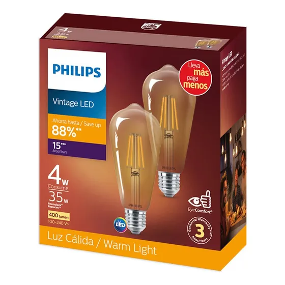 Philips Led Foco Filamento St64 35w Luz Cálida 2pack