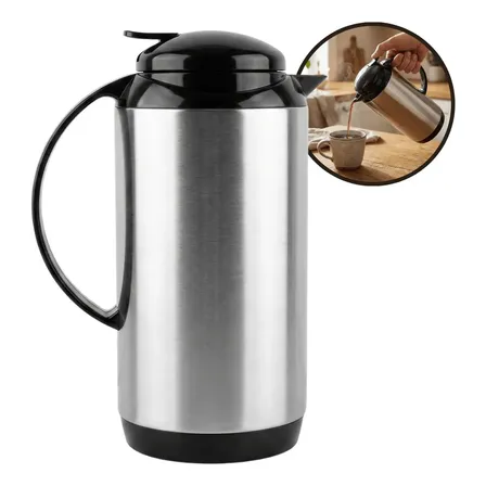 Garrafa Térmica Inox 1 Litro Com Sistema De Pressão Conservação De Temperatura Ideal Para Café Chá Bebidas Quentes Ou Frias Uso Em Casa Escritório Cozinha Cafeteria - Shokki Prata