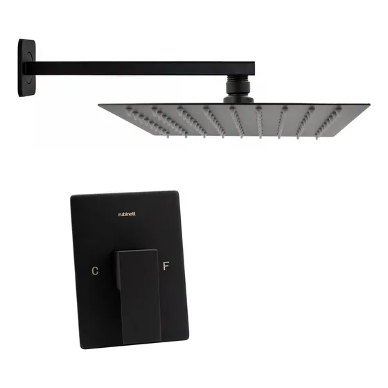 Regadera Cuadrada 25cm Con Brazo Y Monomando Negro Mate Lujo