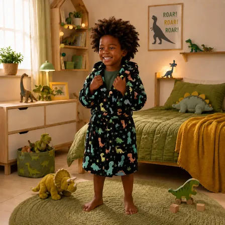 Roupão Infantil Microfibra Estampado Menino Menina Com Capuz Dino Mania P
