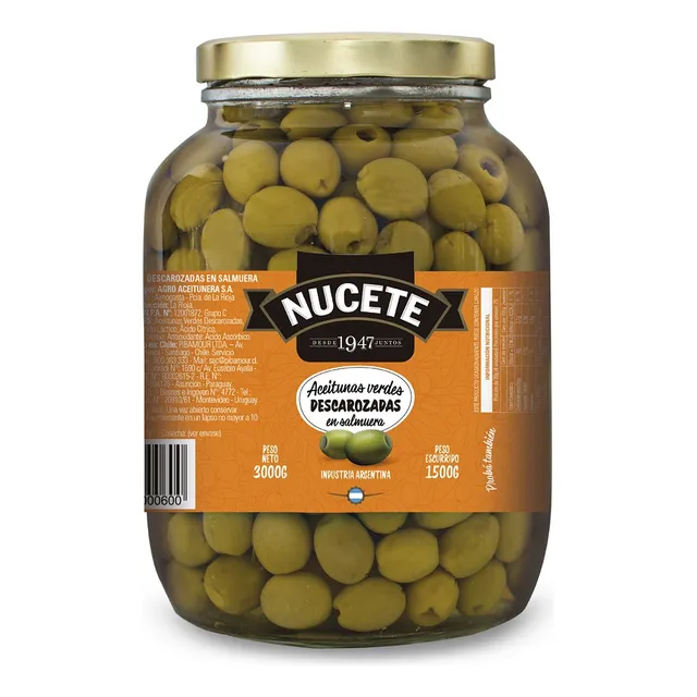 Aceitunas Verdes Descarozadas Nucete Frasco 3 Kilos Grandes
