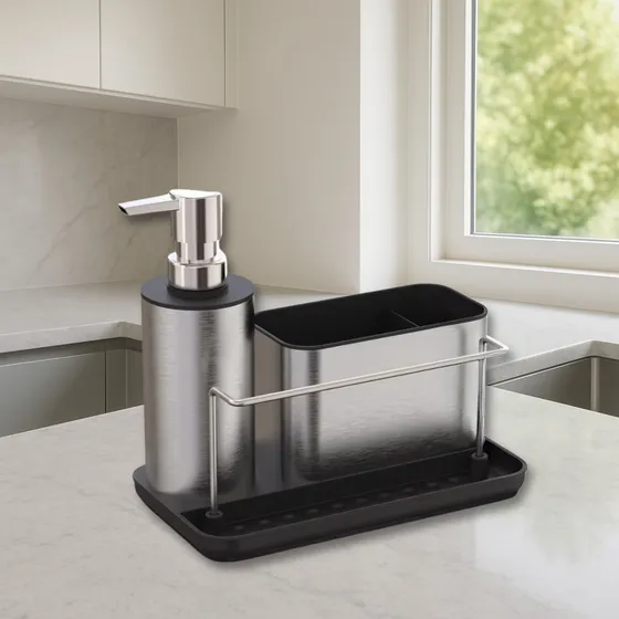 Organizador De Bacha Jazak S-e154201n Esponja Dispenser De Jabón Detergente Para Cocina Baño Inoxidable Multiuso Th3700 Fácil Recarga Ahorra Espacio Diseño Moderno Plateado