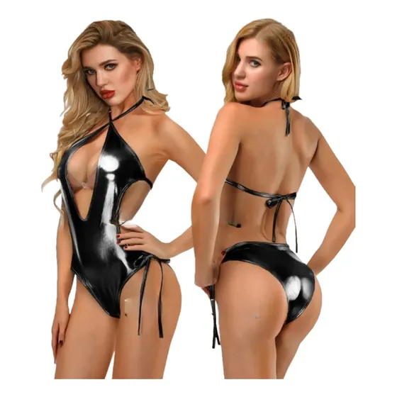 Vestido Body Sintetico Pvc Latex Lenceria  Negro Xv2