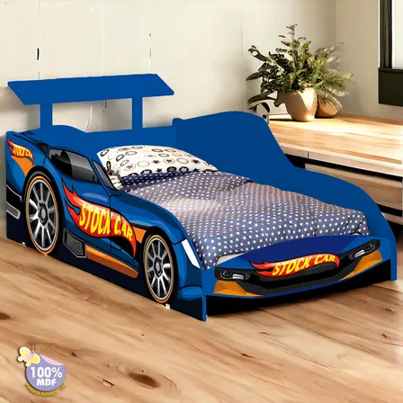 Cama Infantil Juvenil Carro de Corrida Com Colchão Hot Wheels Stock Car Azul MDF Cama Temática Menino Montessoriana Proteção Lateral Cama Solteiro 155x72 Design Esportivo Quarto Infantil Criança