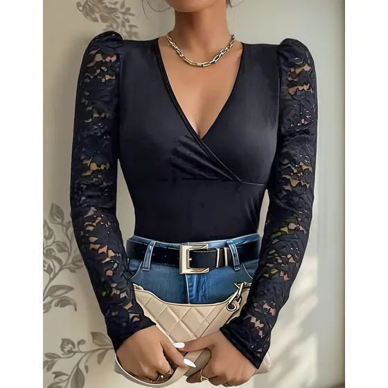 Remera Camiseta Escote Cruzado Manga Larga Princesa Encaje 