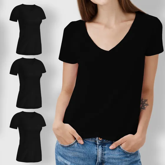 Pack X4 Remera Mujer Cuello V Lisa Manga Corta 100% Algodon 
