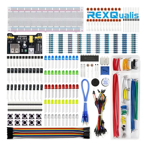 REXQualis Kit De Componente Electrónicos c/Modulo Fuente de Poder, Cable de Puente, 830 tie-Points Breadboard, Potenciometro de Precision,Resistor Compatible con Arduino, Raspberry Pi