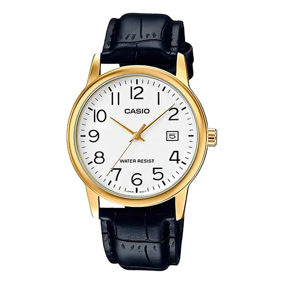 Reloj pulsera Casio MTP-V002D-1B con correa de cuero color negro - fondo blanco - bisel dorado