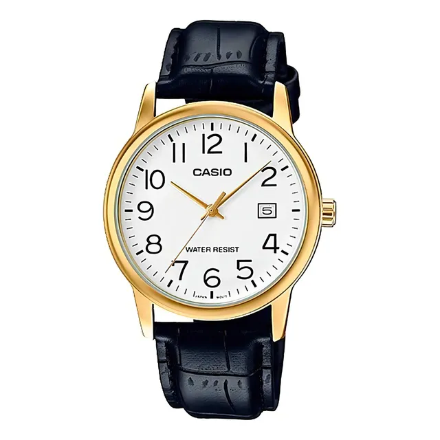 Reloj pulsera Casio MTP-V002D-1B con correa de cuero color negro - fondo blanco - bisel dorado