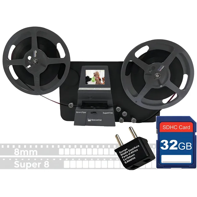 Wolverine - Carretes De 8 Mm Y 8 Mm Para Digitalizador De Película Digital Moviemaker Pro, Escáner De Película, Tarjeta De Memoria Sd De 32 Gb, Adaptador De Fuente De Alimentación De Doble Voltaje De