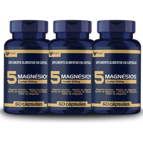  5 Magnésios 180 Cápsulas 500mg Muwiz 3 Potes Sem Sabor