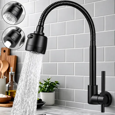Torneira Cozinha Inox 360° Flexível 2 Jato Bancada De Parede Preto Brilhante