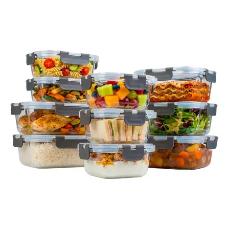 Set 10 Contenedores 20 Piezas Tóper De Vidrio Hermético Con Tapa Transparente