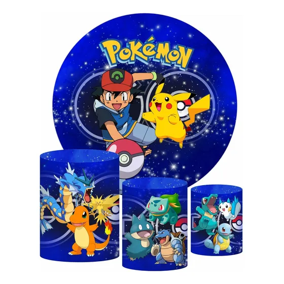 Kit Pokemon Trio Capas De Cilindro + Painel Redondo Tecido