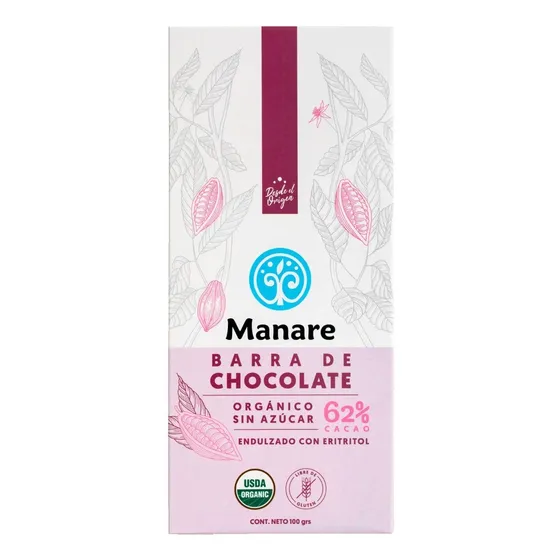 Chocolate Sin Azúcar 62% Cacao Orgánico 100g - Manare