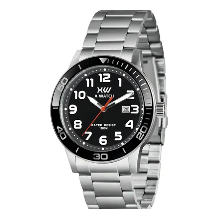 Relógio X-watch Masculino Analógico Quartz Prateado Bisel Preto 100m