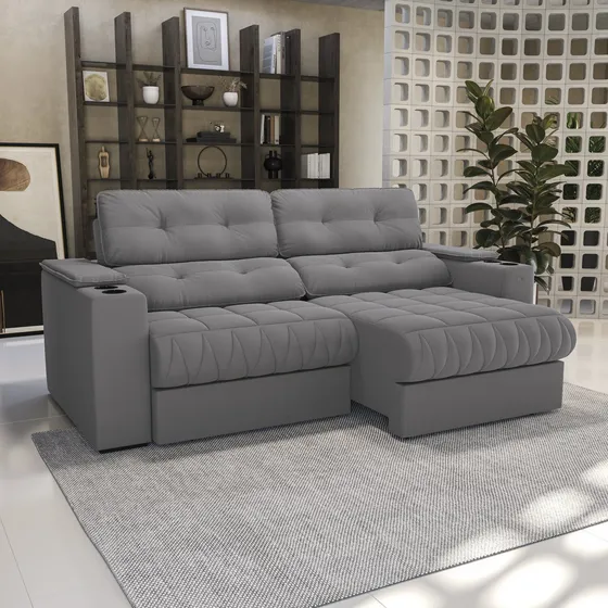 Sofá 260cm Com Porta Copos Retrátil E Reclinável Gj
