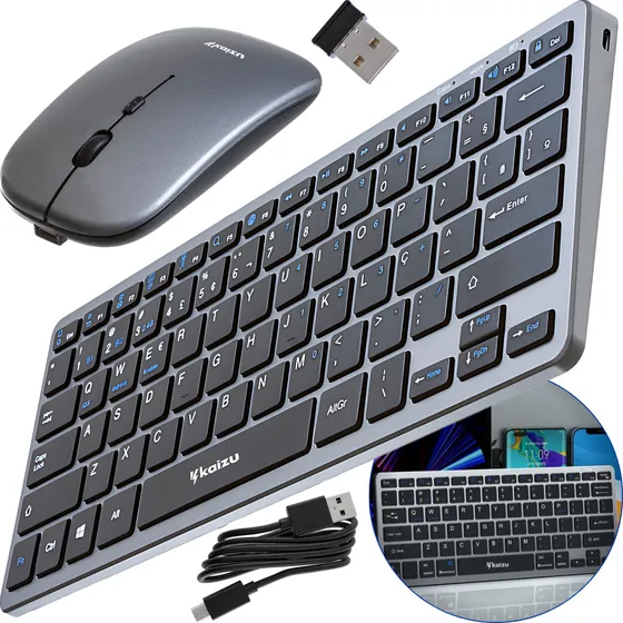 Kit Teclado e Mouse Sem Fio Slim Bluetooth ABNT Recarregável Notebook Tablet Kaizu HK-8860 e ótica 1600DPI cor cinza
