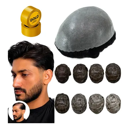 Prótese Capilar Masculina Nó Duplo Cabelo Humano + Fita Gold 1a Preto 20x25