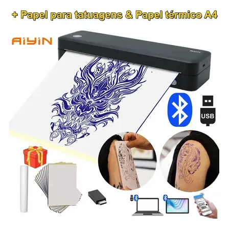 Impressora E De Tatuagem A4 2en1 Bluetooth + Papel A4 + Papel De Tatuagem Portátil 203dpi 127v/220v Usb Portátil... Preto