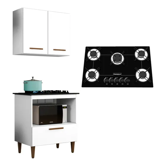 Kit Balcão Cooktop Chamalux 5 Bocas E Armario Aereo