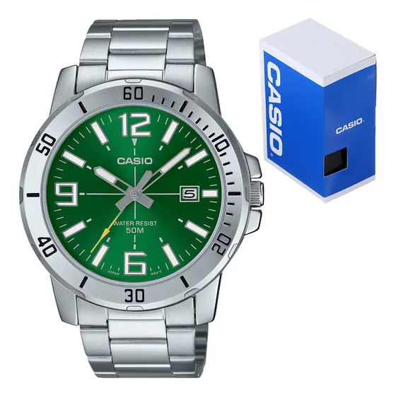 Reloj Casio Caballero Mtp Vd01d 3bv Acero Inox Fechador Correa Plateado Bisel Plateado Fondo Verde
