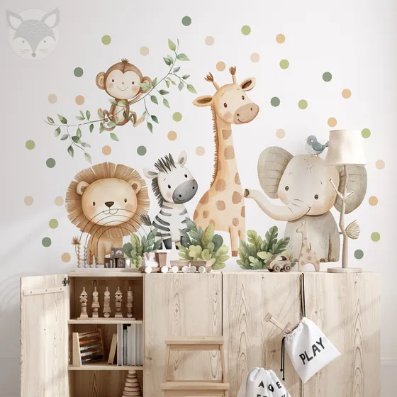 Vinilo Pared Infantil Animales Acuarela Deco Habitación Bebe