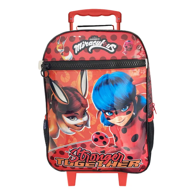 Mochila Escolar De Rodinhas Miraculous Meninas Infantil Cor Preta E Vermelho Desenho do tecido Miraculous Ladybug