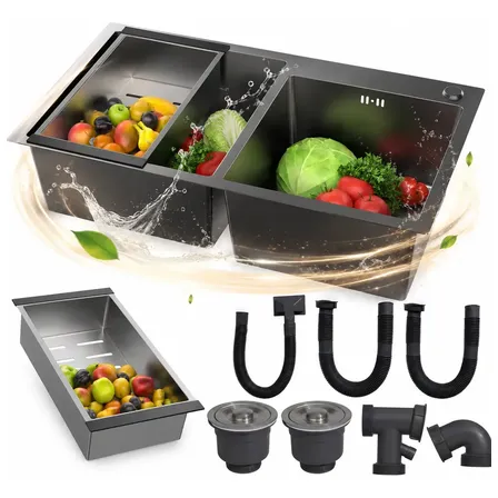 Pia Dupla Gourmet 80x45cm Aço Inox 304 Escovada Cuba Dupla Cozinha Moderna para Embutir ou Sobrepor Profissional Resistente Antiferrugem com Acabamento Premium Grande Capacidade Preto