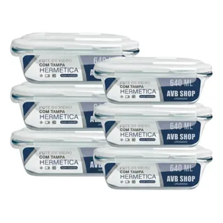 Conjunto 6 Potes 640ml Vidro Hermético 4 Travas Marmita Quentinha Resistente - Avb Shop