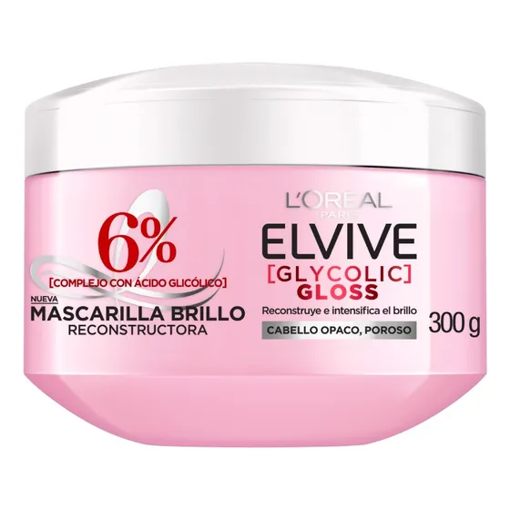 L'Oréal Paris Mascarilla Capilar Elvive Glycolic Gloss con Ácido Glicólico Dale 3x más brillo a tu cabello, resiste hasta 6 lavadas