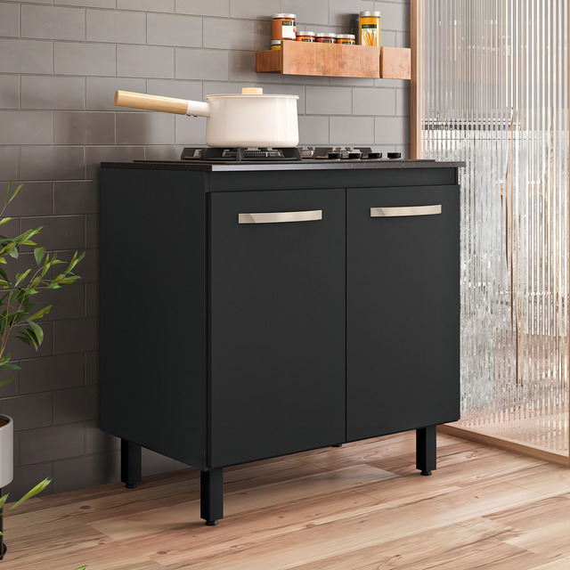 Balcão Preto Mdf Mdp Para Cooktop 4 5 Bocas Sobreira Móveis 2 Portas