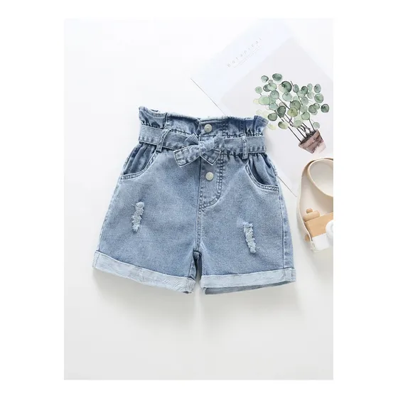 Shorts Mezclilla De Cintura Con Volante Con Cinturón Rotos