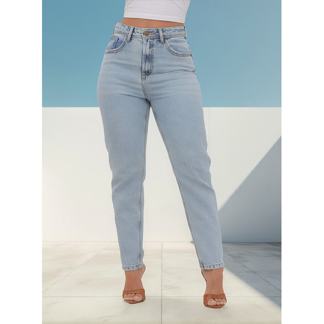 Calça Jeans Mom Feminina Cintura Alta Marmorizada 4 Bolsos Calça Jeans Mom Feminina Cintura Alta Marmorizada 4 Bolsos