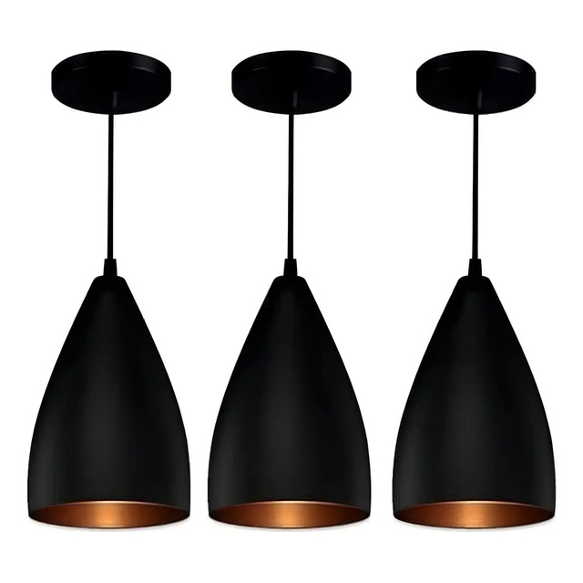 Luminária Pendente Teto Vegas Alumínio Preto 3 Unidades