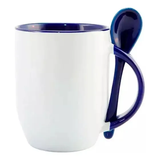 2 Canecas Para Sublimação De Cerâmica C/ Colher Azul Escuro