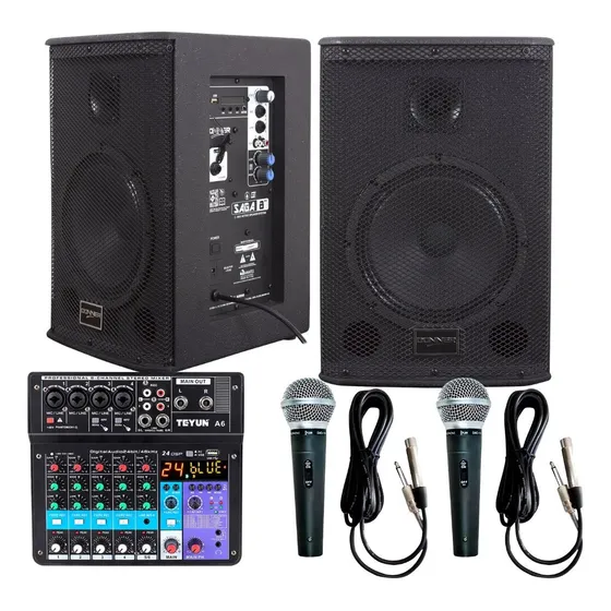Kit Caixa Saga 8 Ativa Passiva Mesa 6 Canais 2 Microfones