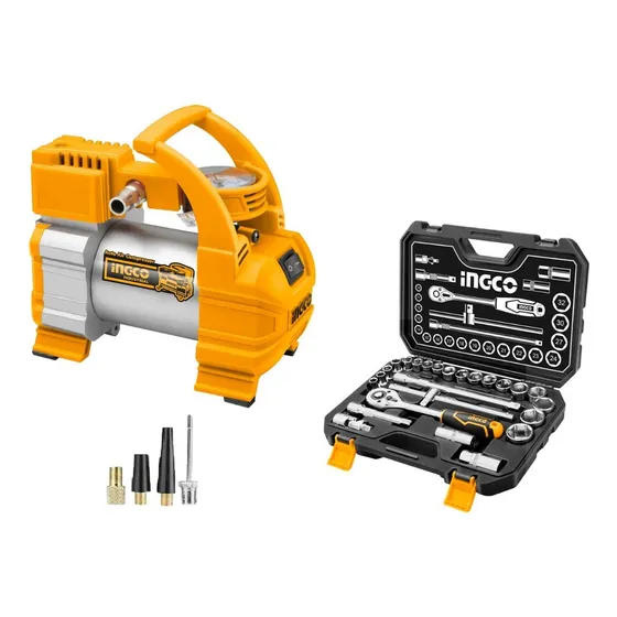 Compresor De Aire Aac1408 12v + Dados 25 Pz Hkts12251 Ingco