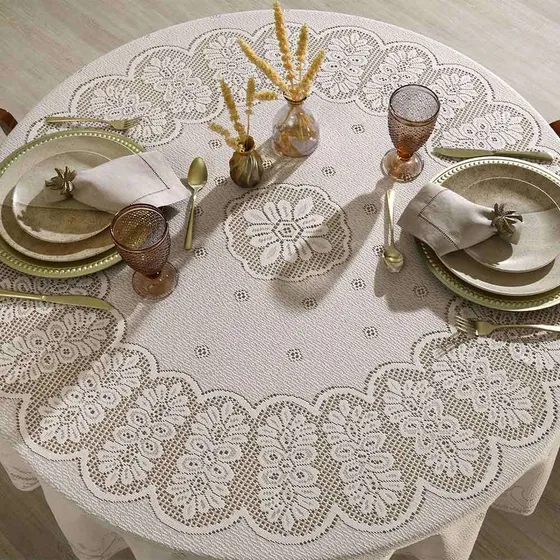 Toalha De Mesa Redonda 8 Lugares Renda Clássica Arabesco 180 Cor Marfim